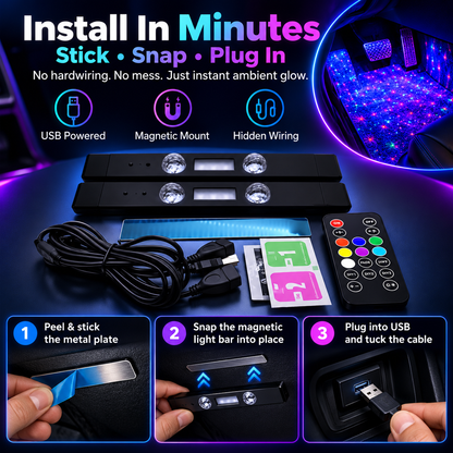 🚗USB Recharge RGB Car Footwell Ambient Light Kit – Music Sync & Remote Control