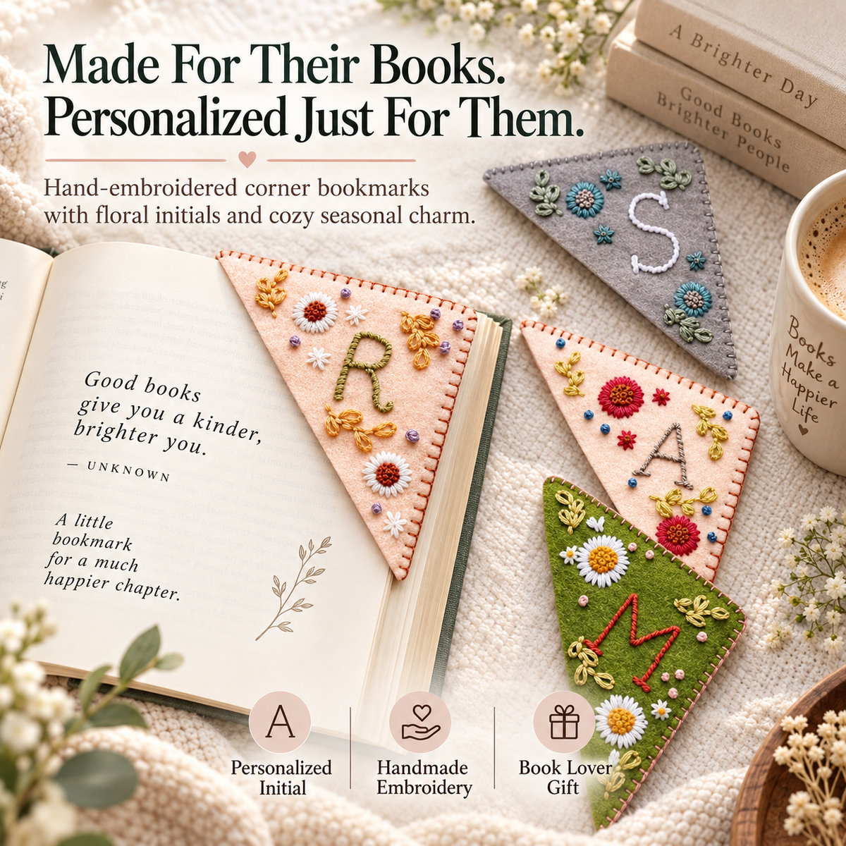 Personalized Floral Corner Bookmark – Hand-Embroidered Initial Book Lover Gift