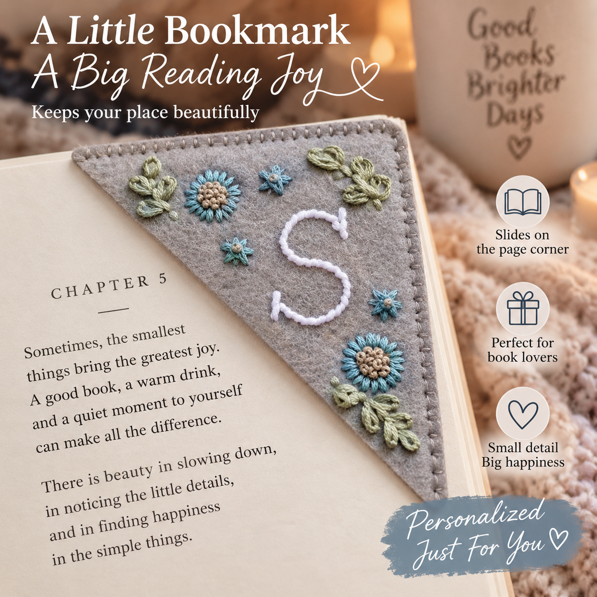 Personalized Floral Corner Bookmark – Hand-Embroidered Initial Book Lover Gift