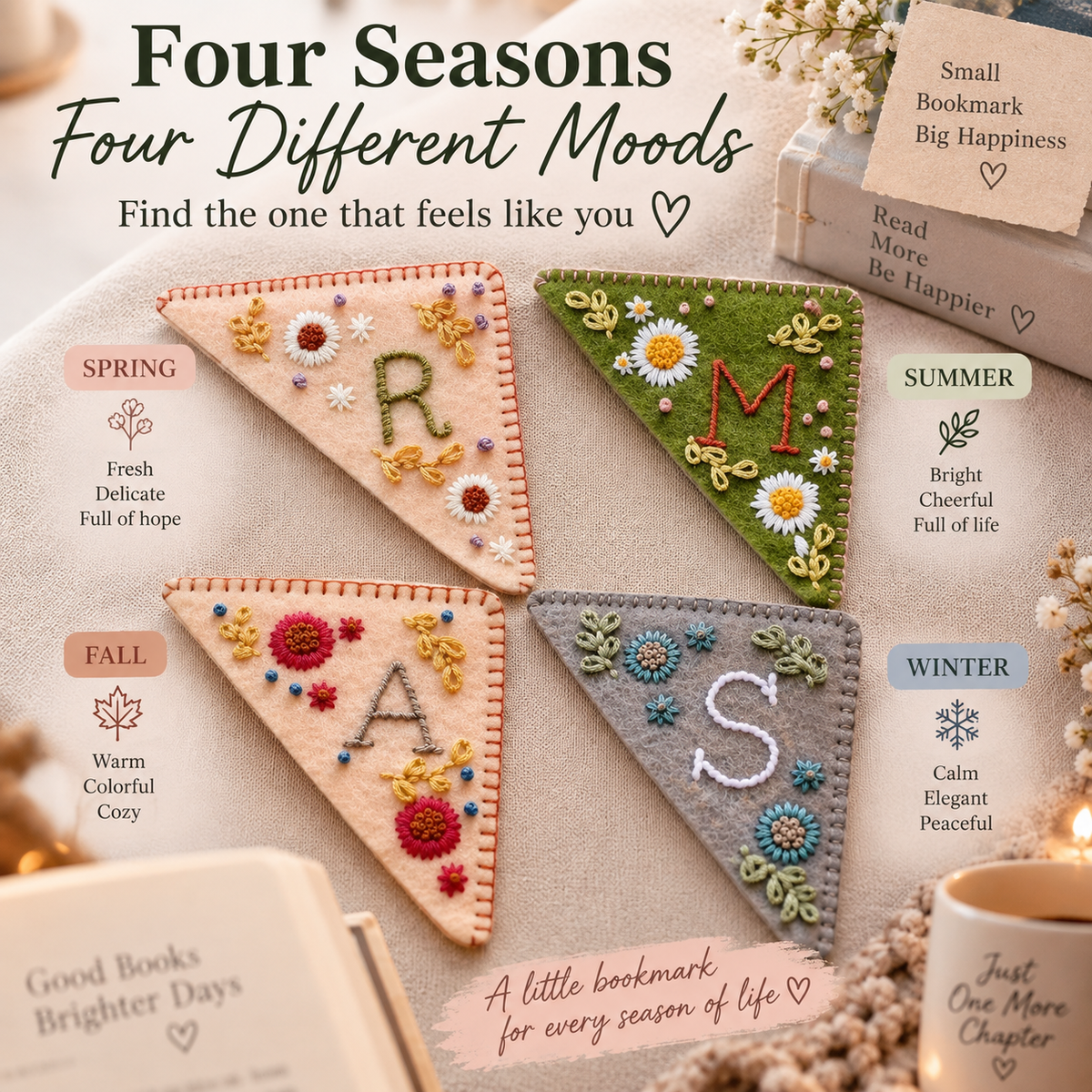 Personalized Floral Corner Bookmark – Hand-Embroidered Initial Book Lover Gift