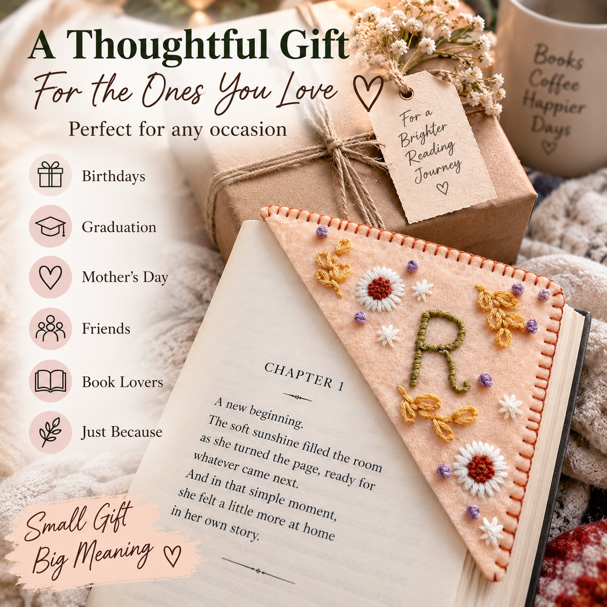 Personalized Floral Corner Bookmark – Hand-Embroidered Initial Book Lover Gift