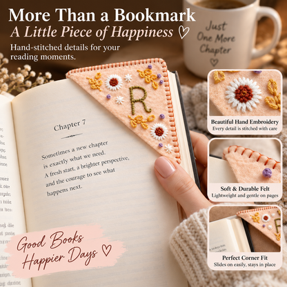 Personalized Floral Corner Bookmark – Hand-Embroidered Initial Book Lover Gift