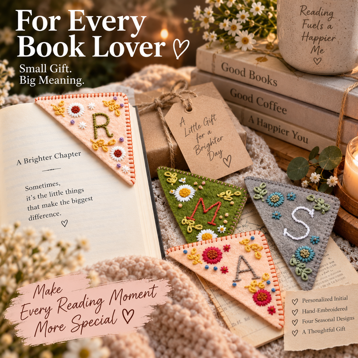 Personalized Floral Corner Bookmark – Hand-Embroidered Initial Book Lover Gift