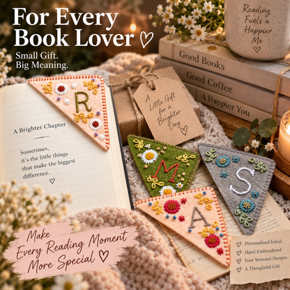 Personalized Floral Corner Bookmark – Hand-Embroidered Initial Book Lover Gift