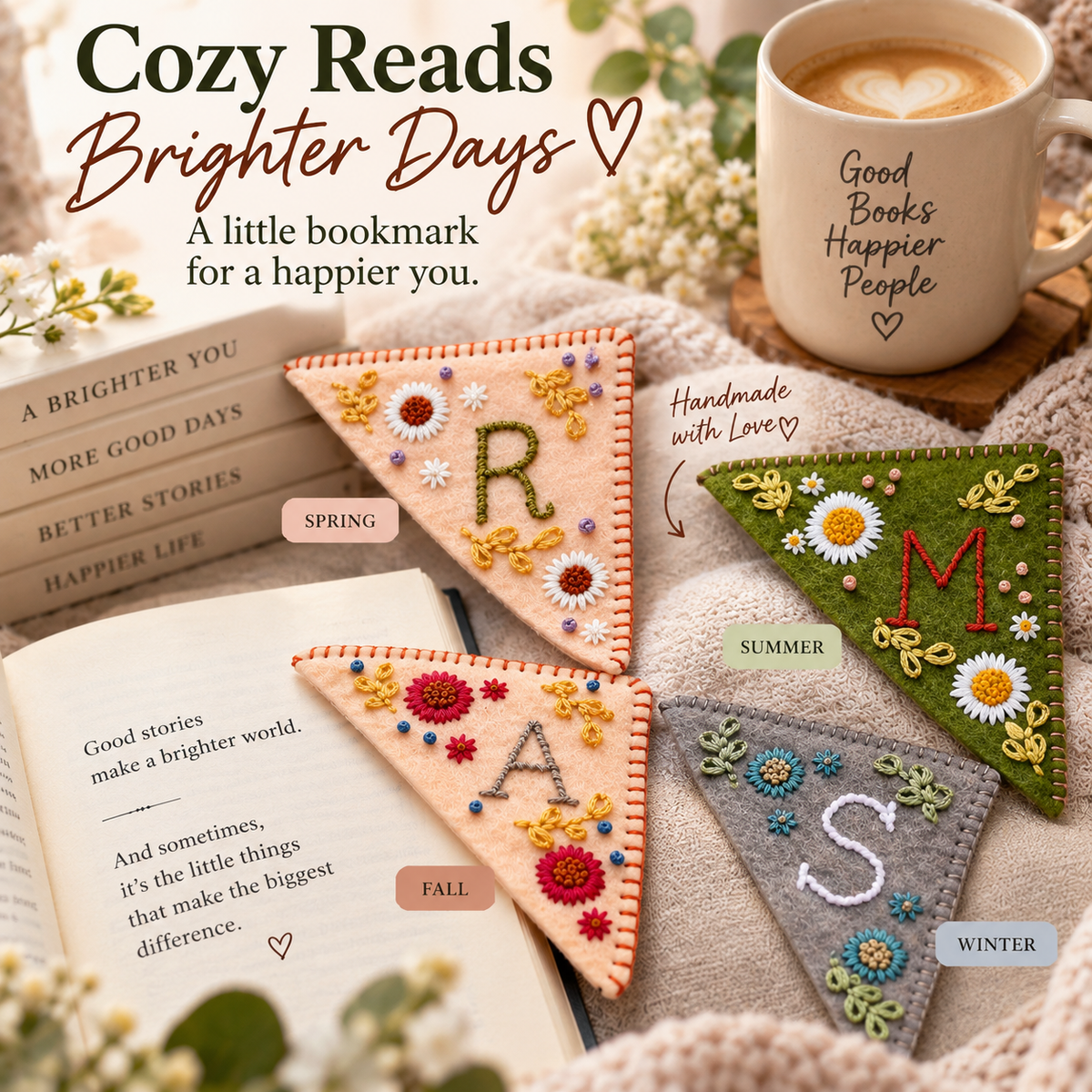 Personalized Floral Corner Bookmark – Hand-Embroidered Initial Book Lover Gift