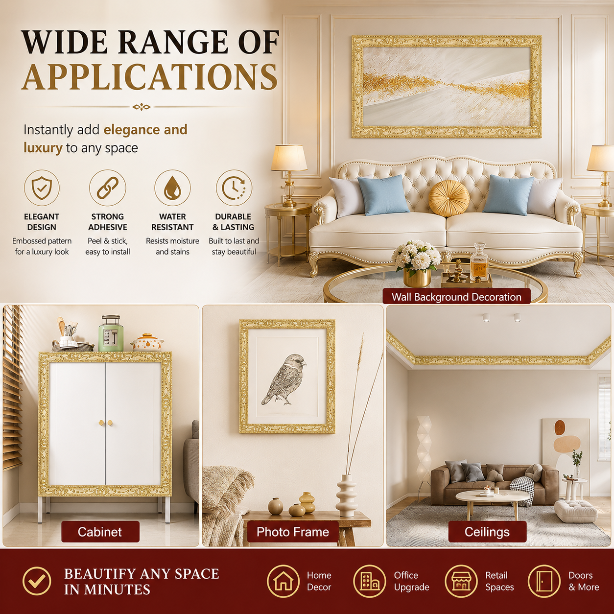 7.5 ft Self-Adhesive Decorative Molding Trim – Flexible Peel-and-Stick Wall & Furniture Border