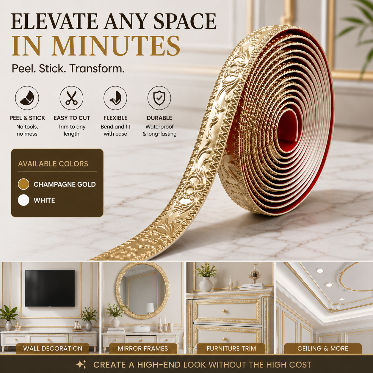 7.5 ft Self-Adhesive Decorative Molding Trim – Flexible Peel-and-Stick Wall & Furniture Border