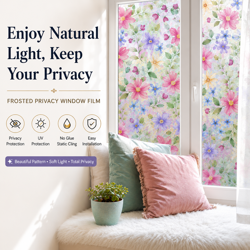 Floral Frosted Privacy Window Film – Glue-Free Static Cling Glass Cover