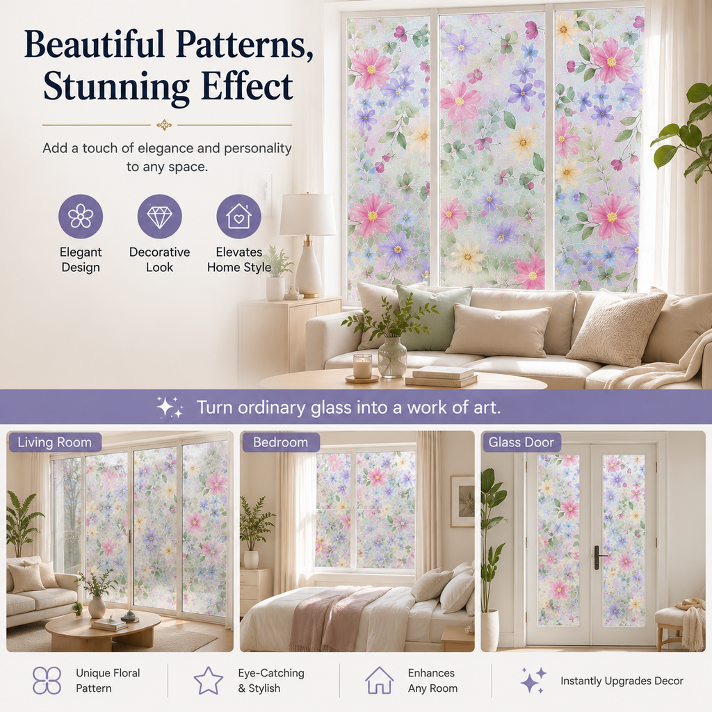Floral Frosted Privacy Window Film – Glue-Free Static Cling Glass Cover
