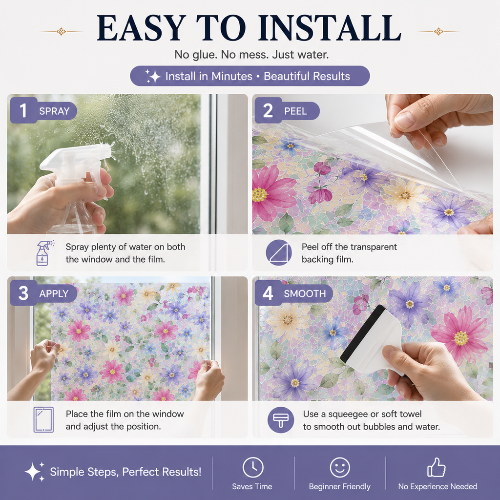 Floral Frosted Privacy Window Film – Glue-Free Static Cling Glass Cover