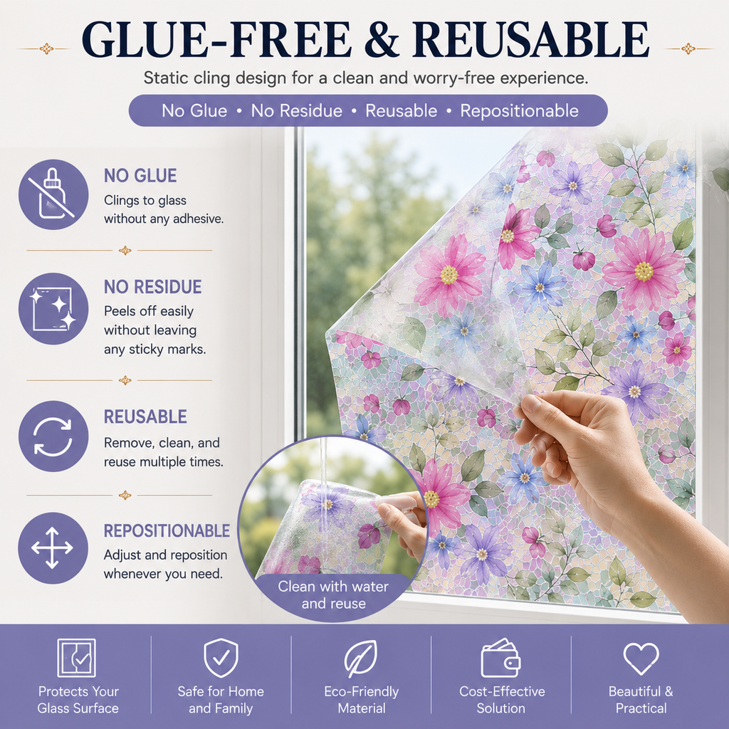 Floral Frosted Privacy Window Film – Glue-Free Static Cling Glass Cover