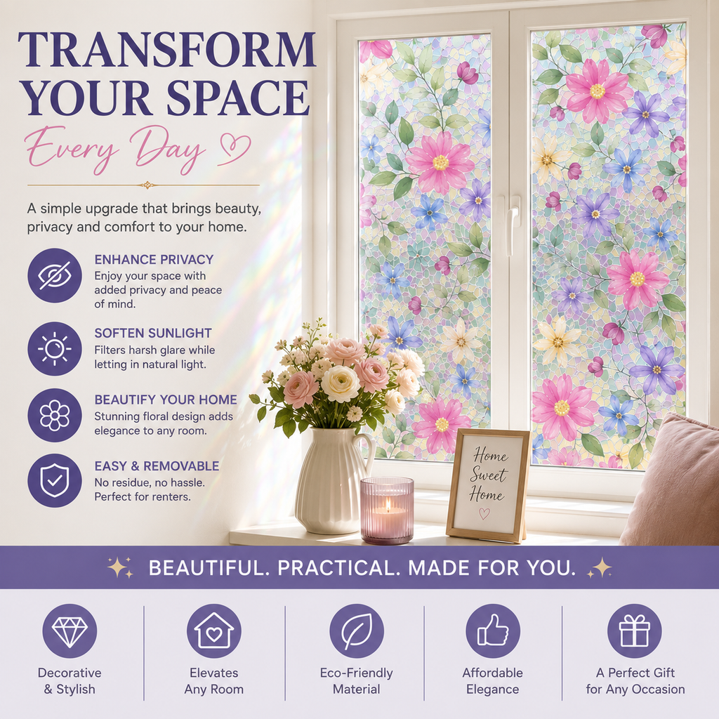 Floral Frosted Privacy Window Film – Glue-Free Static Cling Glass Cover