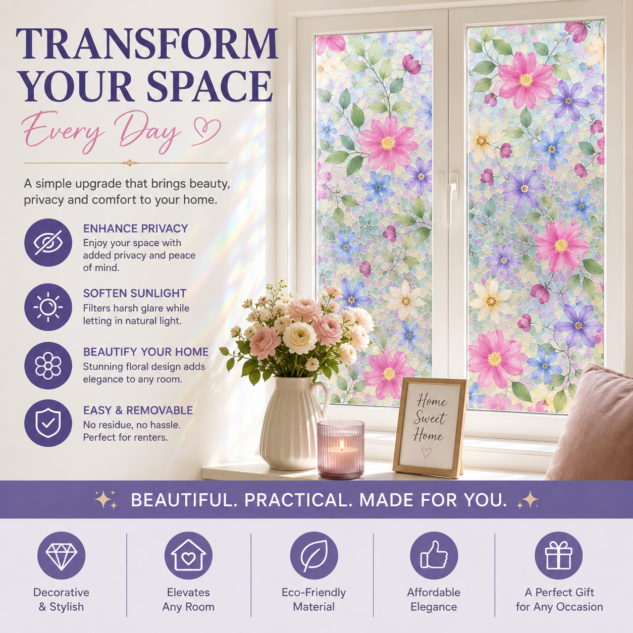 Floral Frosted Privacy Window Film – Glue-Free Static Cling Glass Cover