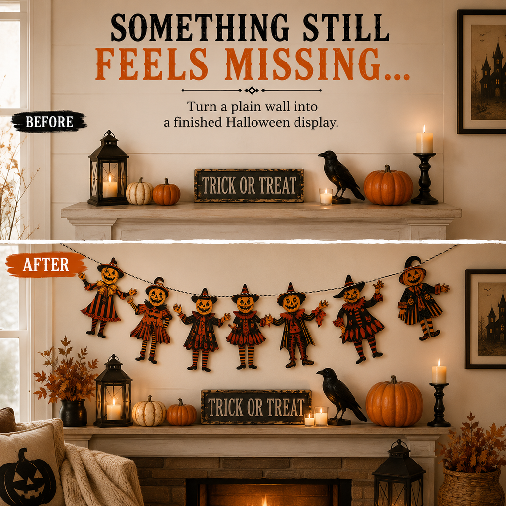 Vintage Wooden Halloween Pumpkin Character Garland -6 Piece Rustic Hanging Banner for Mantels, Walls, Porches & Parties