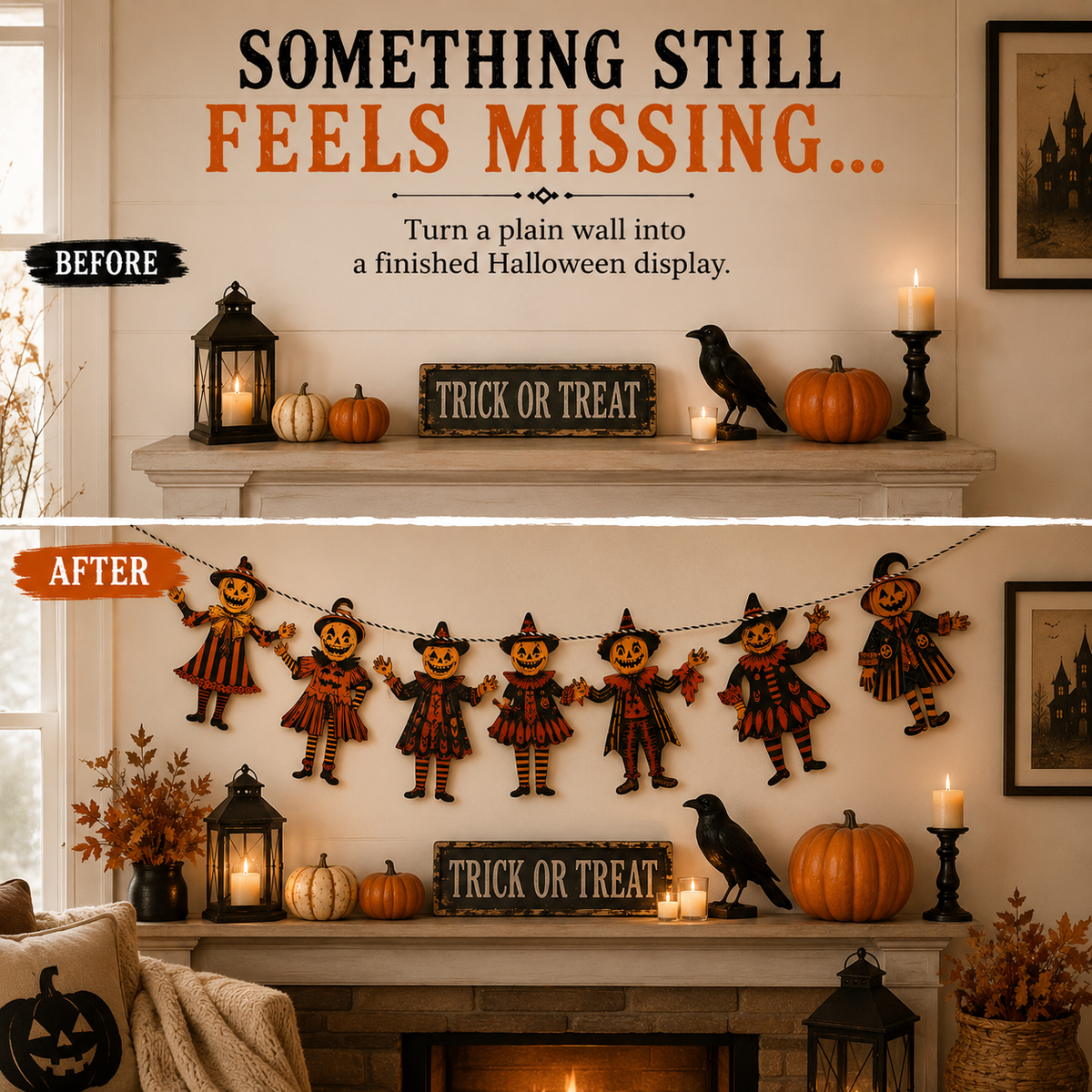 Vintage Wooden Halloween Pumpkin Character Garland -6 Piece Rustic Hanging Banner for Mantels, Walls, Porches & Parties