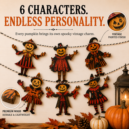 Vintage Wooden Halloween Pumpkin Character Garland -6 Piece Rustic Hanging Banner for Mantels, Walls, Porches & Parties