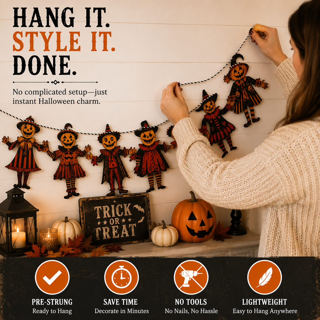 Vintage Wooden Halloween Pumpkin Character Garland -6 Piece Rustic Hanging Banner for Mantels, Walls, Porches & Parties