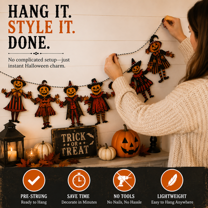 Vintage Wooden Halloween Pumpkin Character Garland -6 Piece Rustic Hanging Banner for Mantels, Walls, Porches & Parties