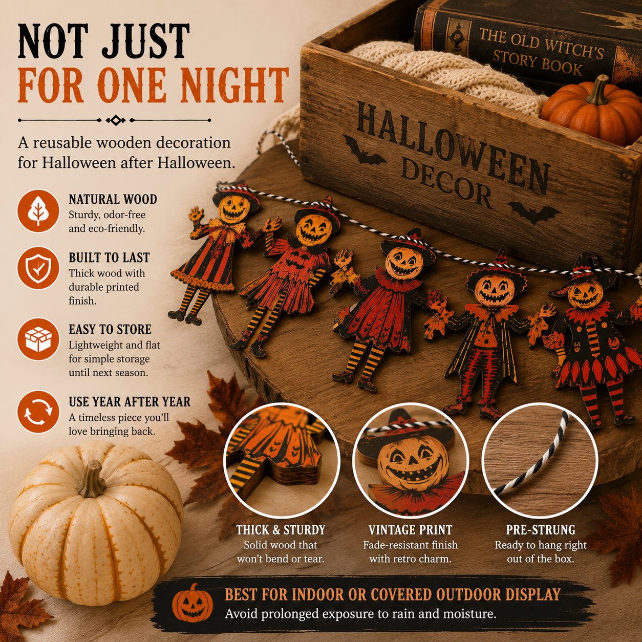Vintage Wooden Halloween Pumpkin Character Garland -6 Piece Rustic Hanging Banner for Mantels, Walls, Porches & Parties