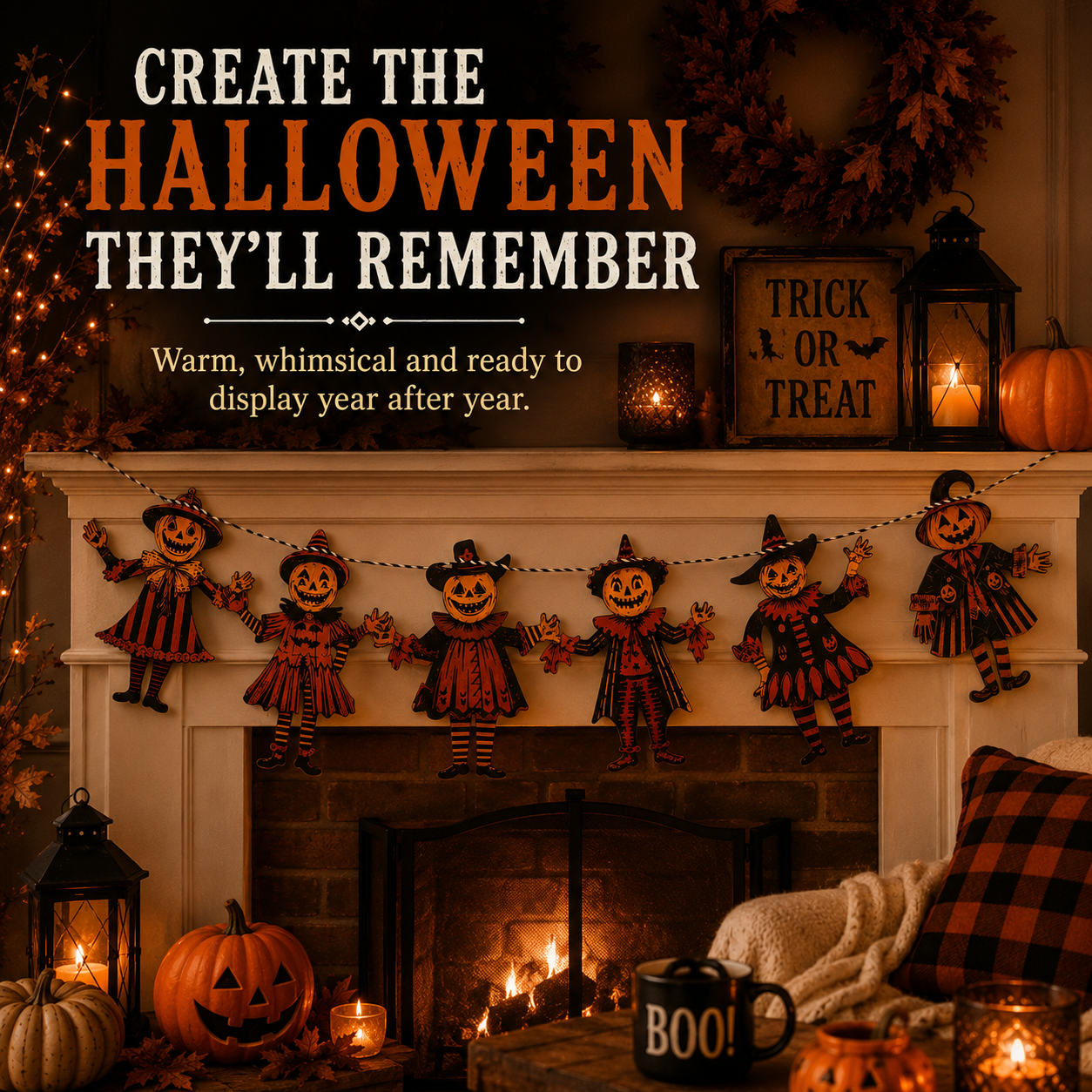 Vintage Wooden Halloween Pumpkin Character Garland -6 Piece Rustic Hanging Banner for Mantels, Walls, Porches & Parties