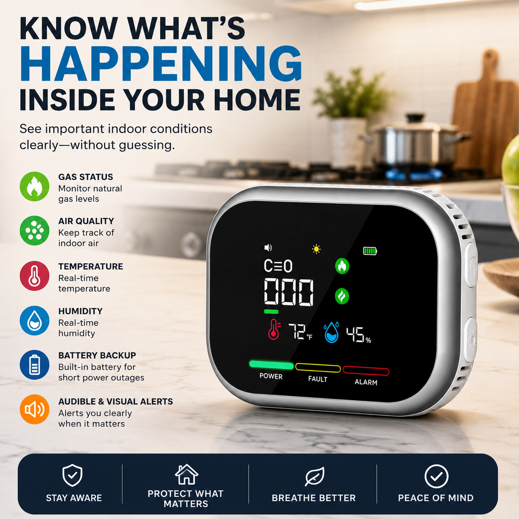 6-in-1 Portable Gas Leak Detector & Air Quality Monitor - Temp & Humidity Sensor for Kitchen, Home & RV Safety