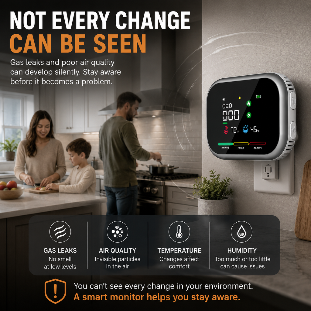 6-in-1 Portable Gas Leak Detector & Air Quality Monitor - Temp & Humidity Sensor for Kitchen, Home & RV Safety