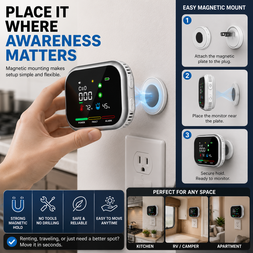 6-in-1 Portable Gas Leak Detector & Air Quality Monitor - Temp & Humidity Sensor for Kitchen, Home & RV Safety