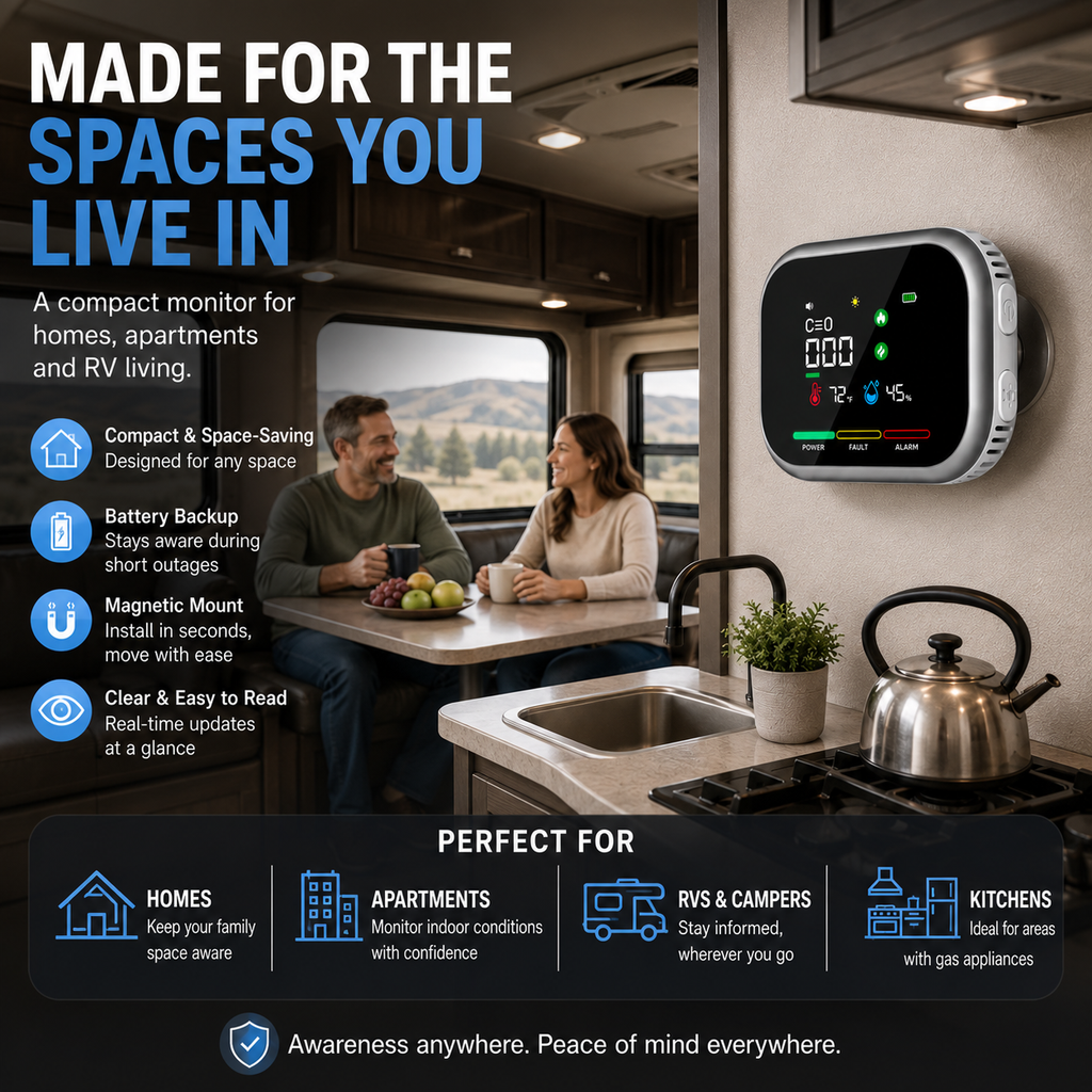 6-in-1 Portable Gas Leak Detector & Air Quality Monitor - Temp & Humidity Sensor for Kitchen, Home & RV Safety