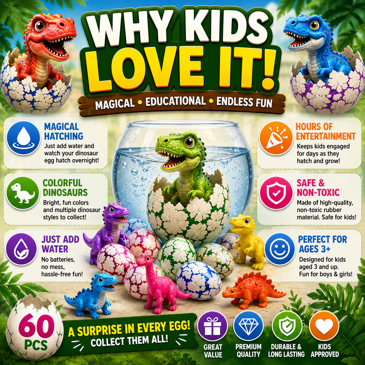 60PCS Hatching Dinosaur Eggs – Water Growing Dino Toy Set