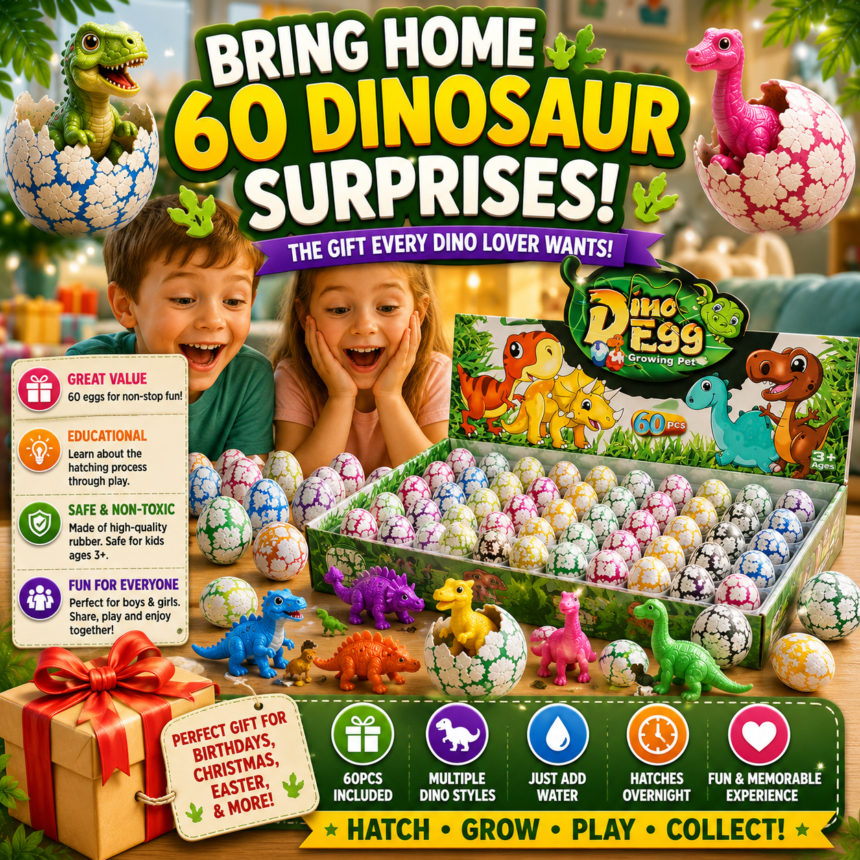 60PCS Hatching Dinosaur Eggs – Water Growing Dino Toy Set