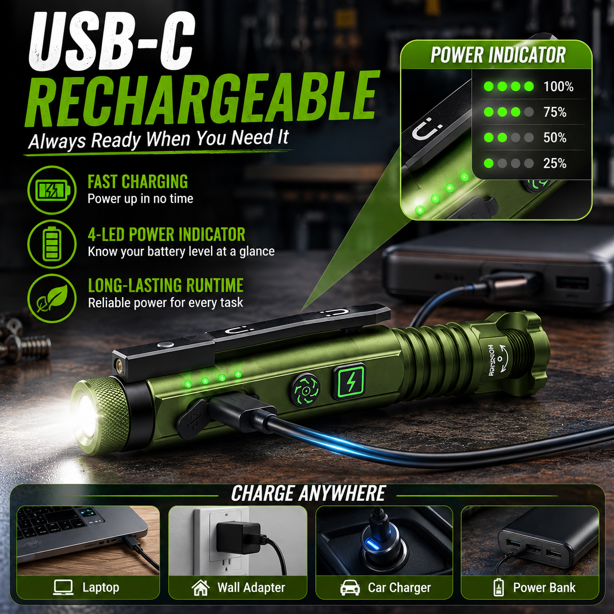 🚨11-in-1 Rechargeable EDC Flashlight – 800LM Magnetic Work Light with Laser