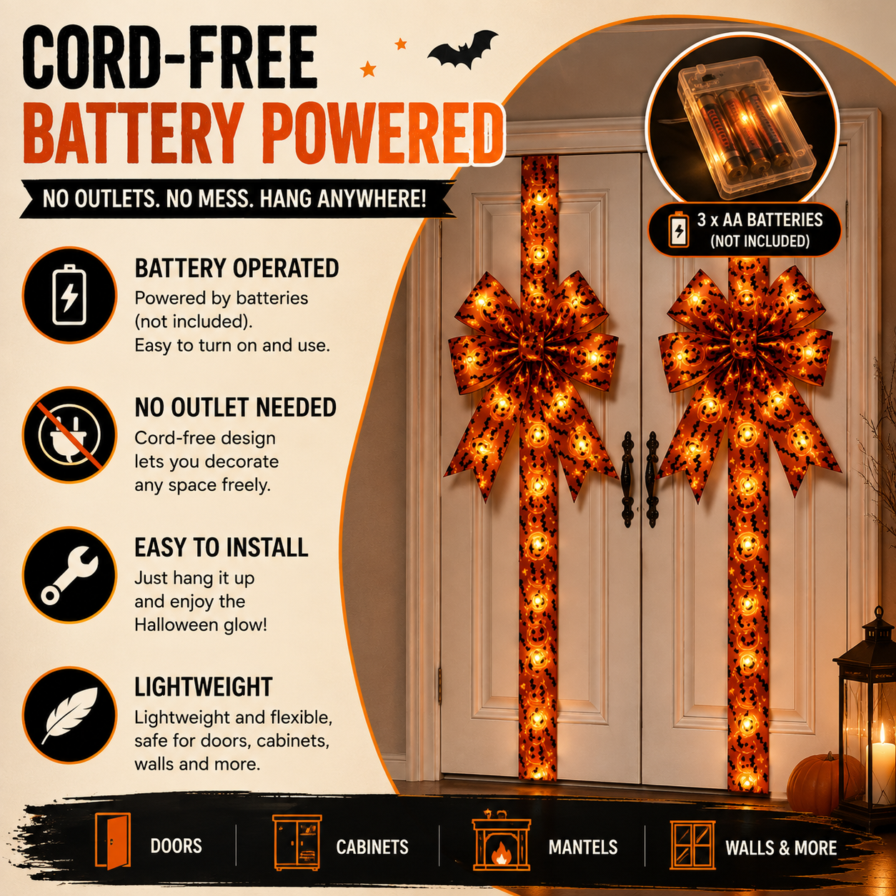 Light-Up Halloween Door Bow Garland – Pumpkin & Bat Decor