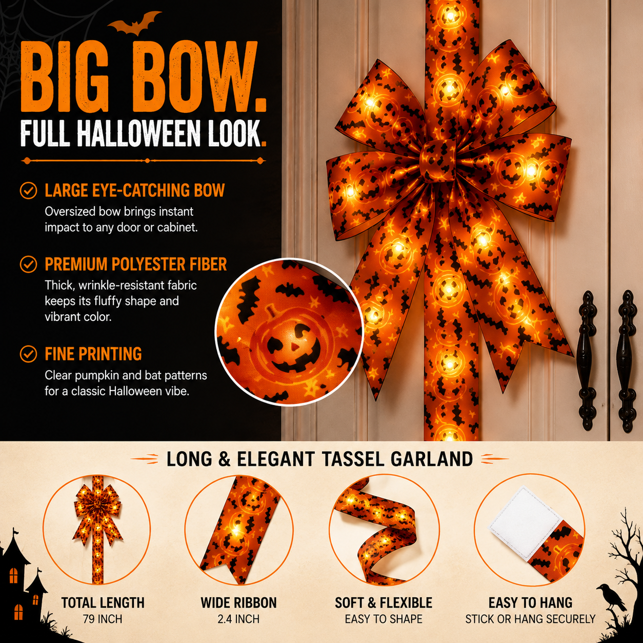 Light-Up Halloween Door Bow Garland – Pumpkin & Bat Decor