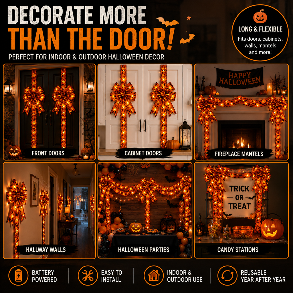 Light-Up Halloween Door Bow Garland – Pumpkin & Bat Decor