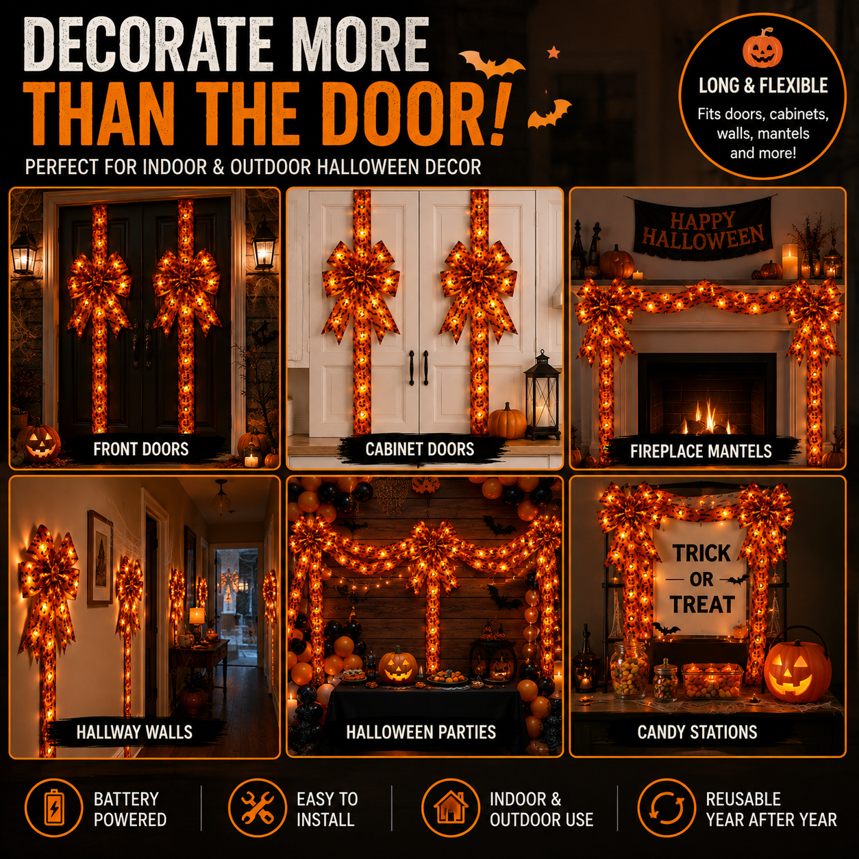 Light-Up Halloween Door Bow Garland – Pumpkin & Bat Decor