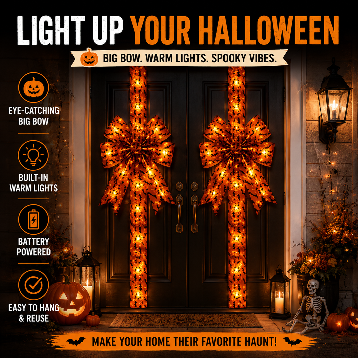 Light-Up Halloween Door Bow Garland – Pumpkin & Bat Decor