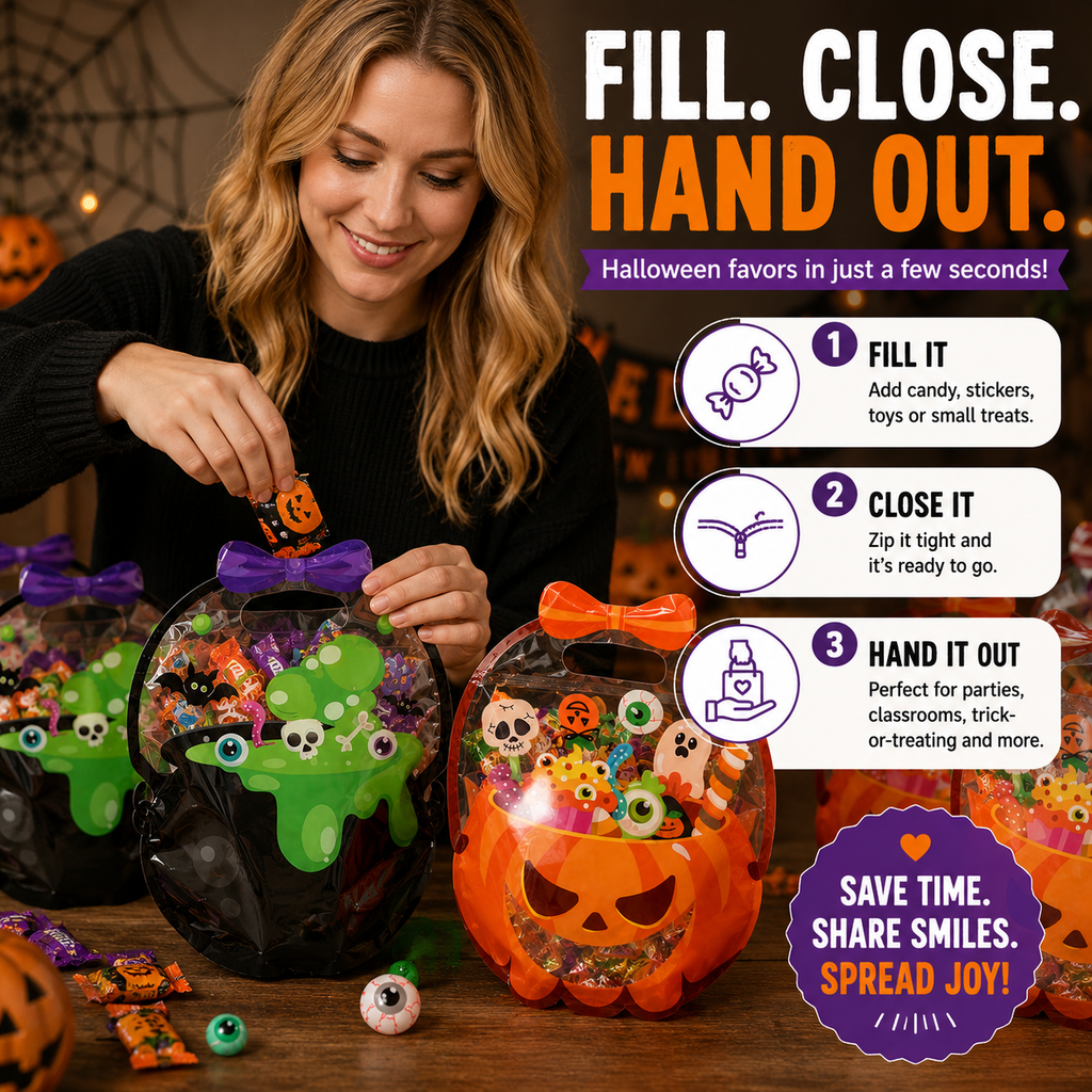 🎃 50 Pcs Halloween Goodie Bags – Clear Cauldron Candy Favor Bags