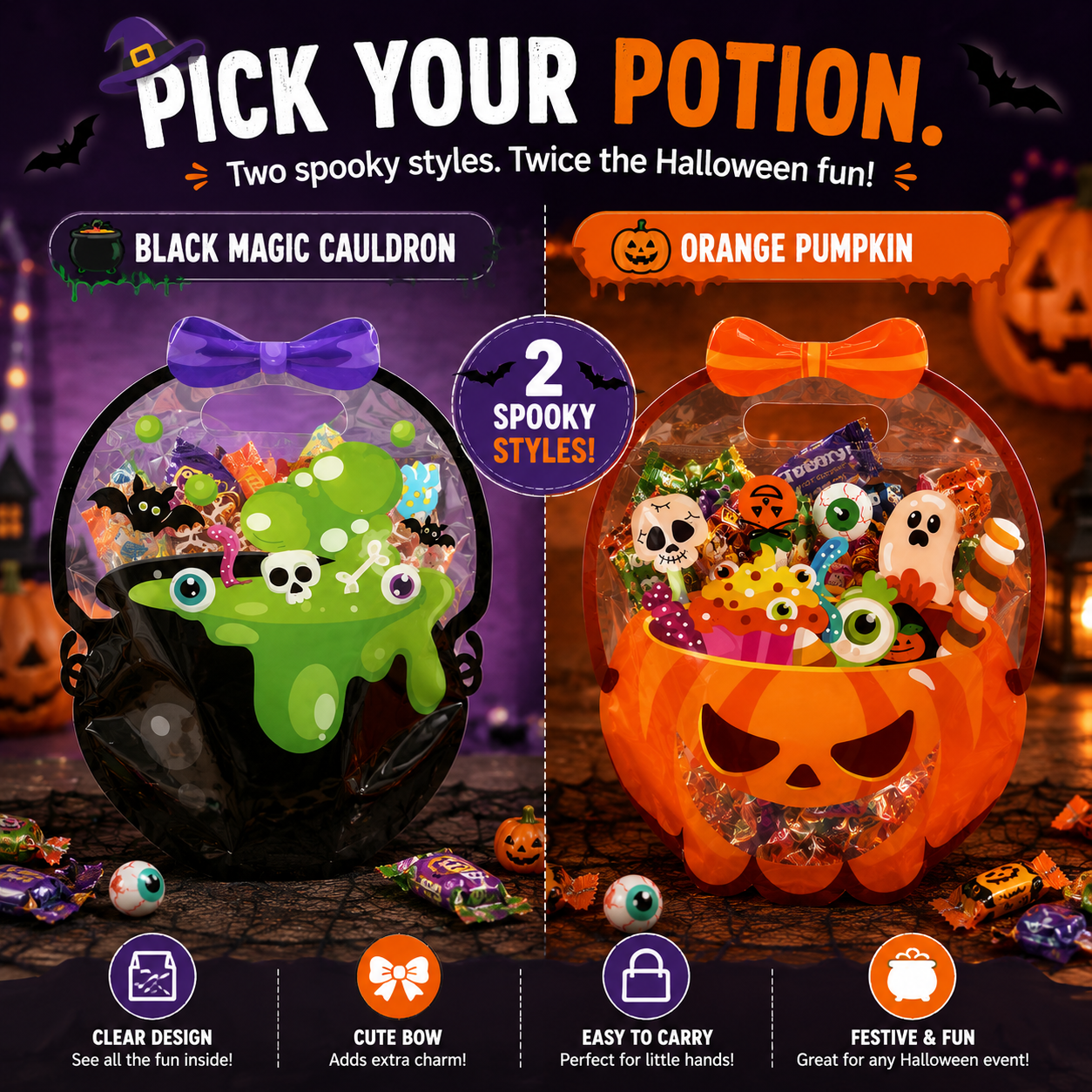 🎃 50 Pcs Halloween Goodie Bags – Clear Cauldron Candy Favor Bags