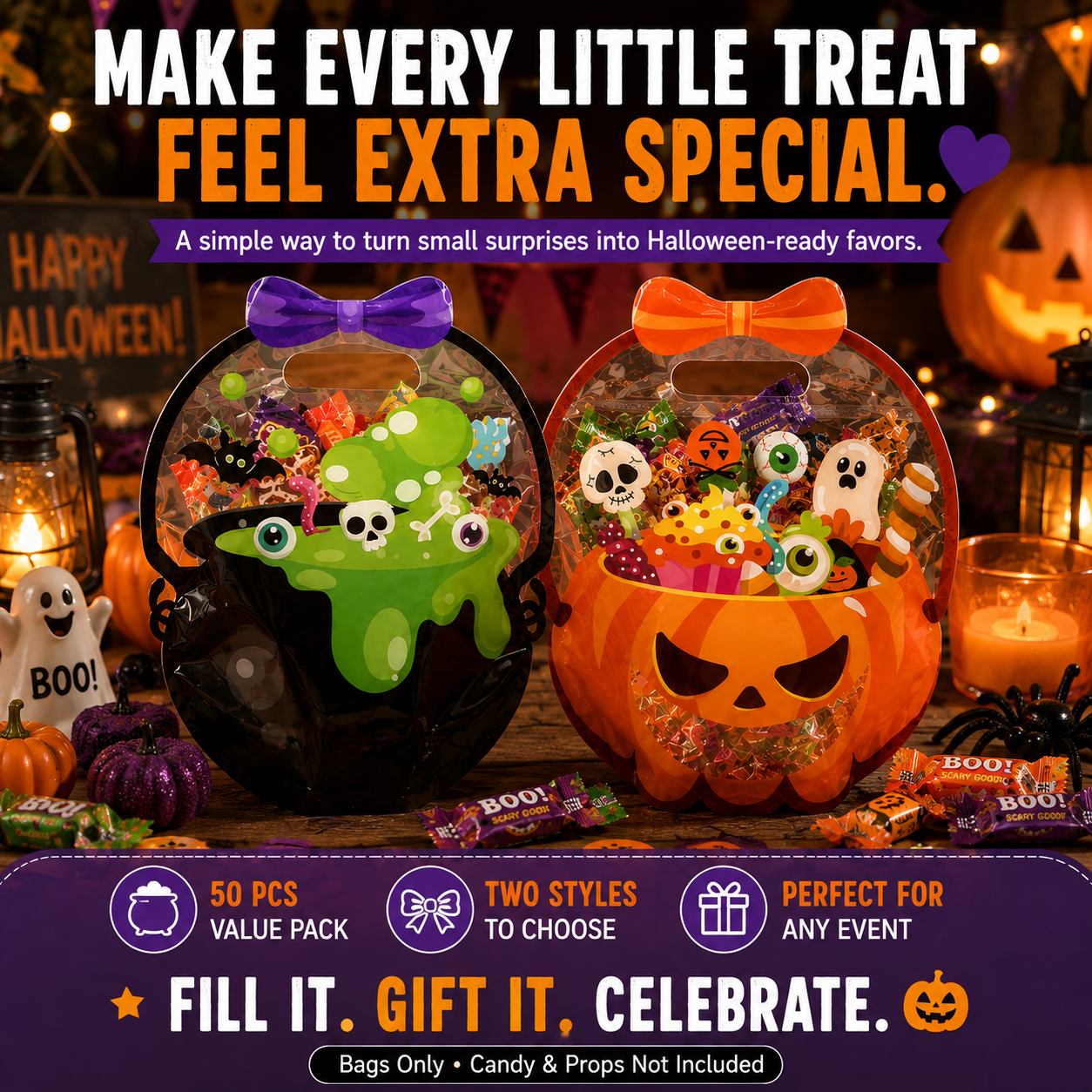 🎃 50 Pcs Halloween Goodie Bags – Clear Cauldron Candy Favor Bags