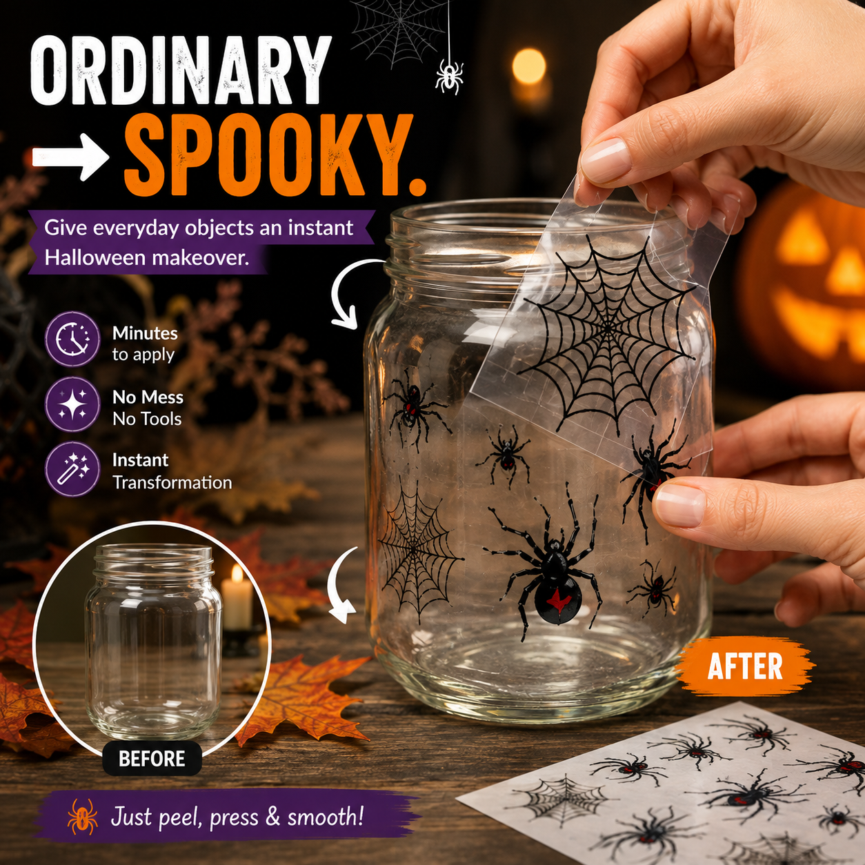 🕷️ 30 PCS Halloween Spider & Web Transfer Stickers – Make Everything Spookier