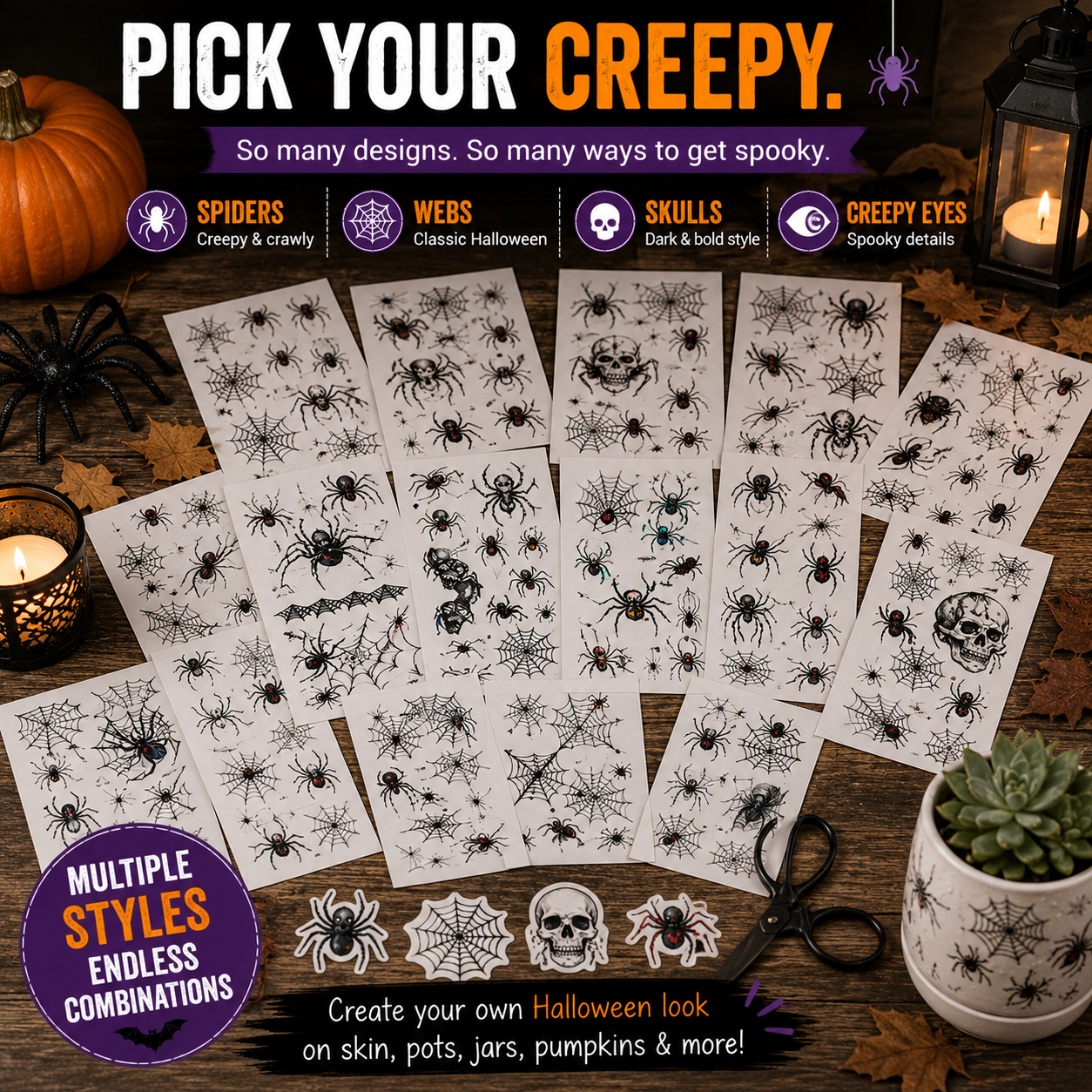 🕷️ 30 PCS Halloween Spider & Web Transfer Stickers – Make Everything Spookier