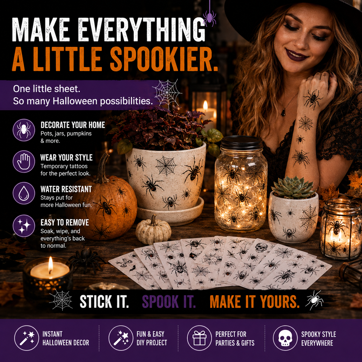 🕷️ 30 PCS Halloween Spider & Web Transfer Stickers – Make Everything Spookier