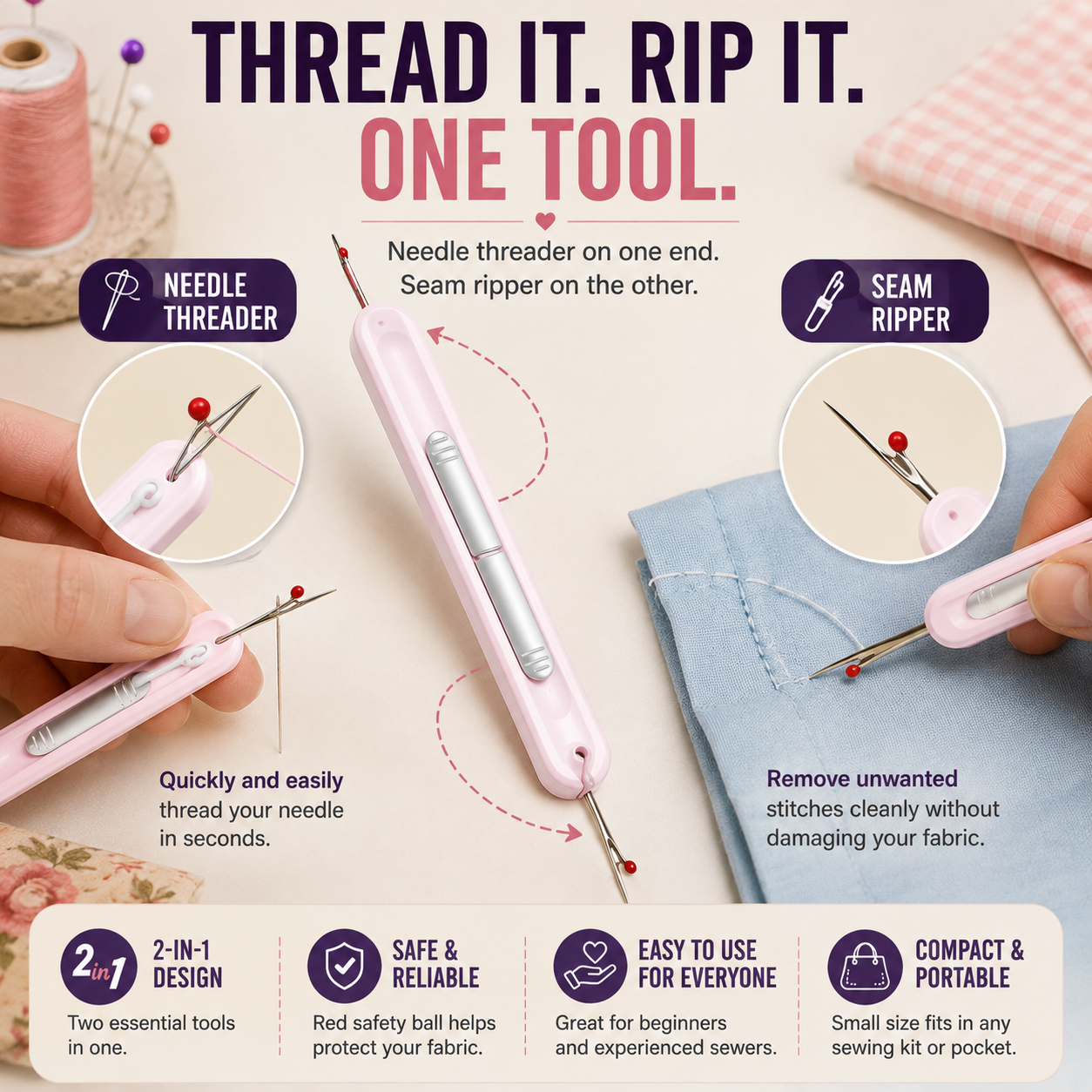 🧵 2-in-1 Easy Needle Threader & Seam Ripper – Thread Faster, Sew Easier