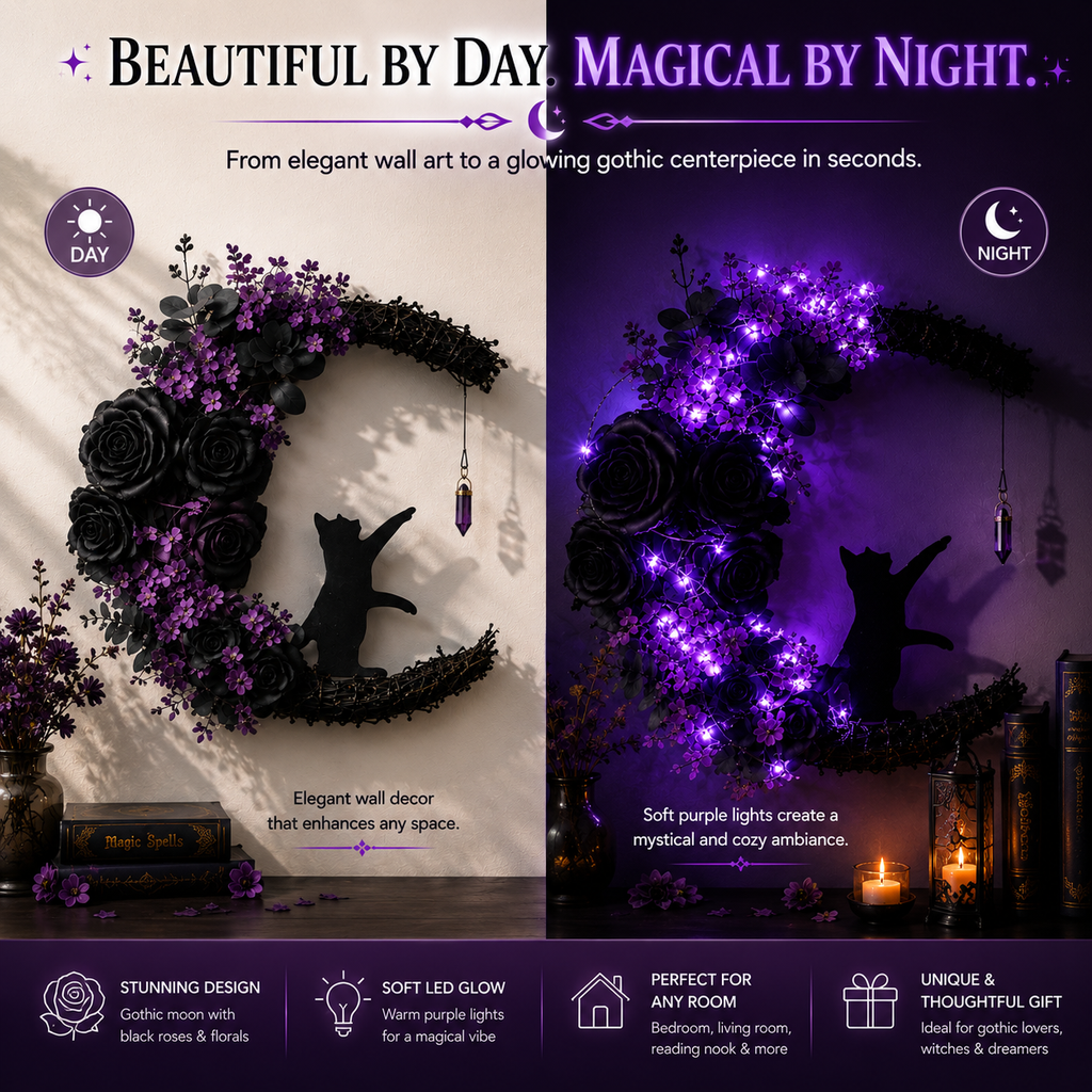 Cat Moon Wreath: Gothic Purple Halloween Decor with Amethyst Crystal
