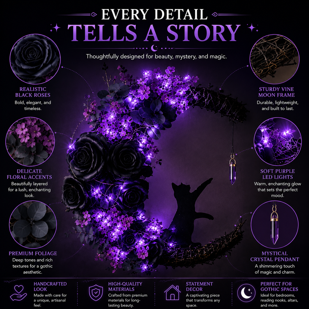 Cat Moon Wreath: Gothic Purple Halloween Decor with Amethyst Crystal
