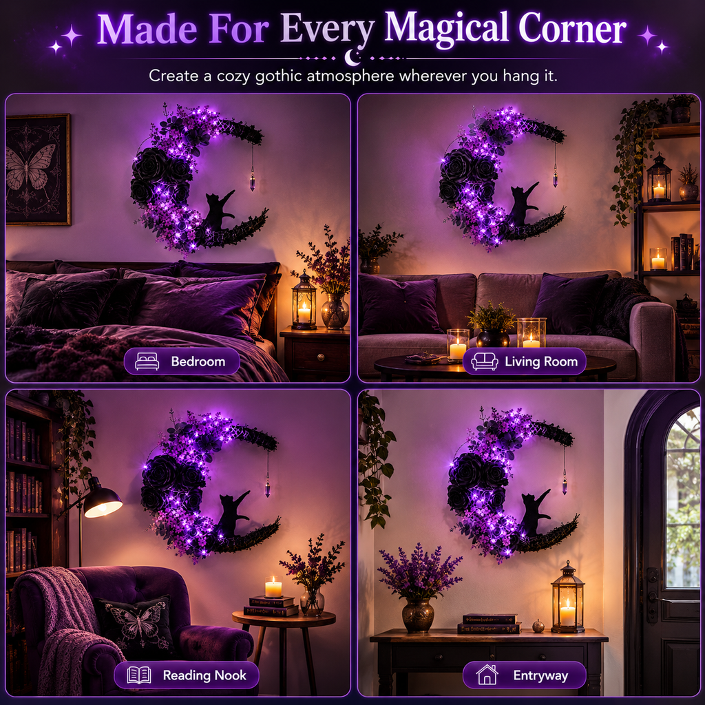 Cat Moon Wreath: Gothic Purple Halloween Decor with Amethyst Crystal