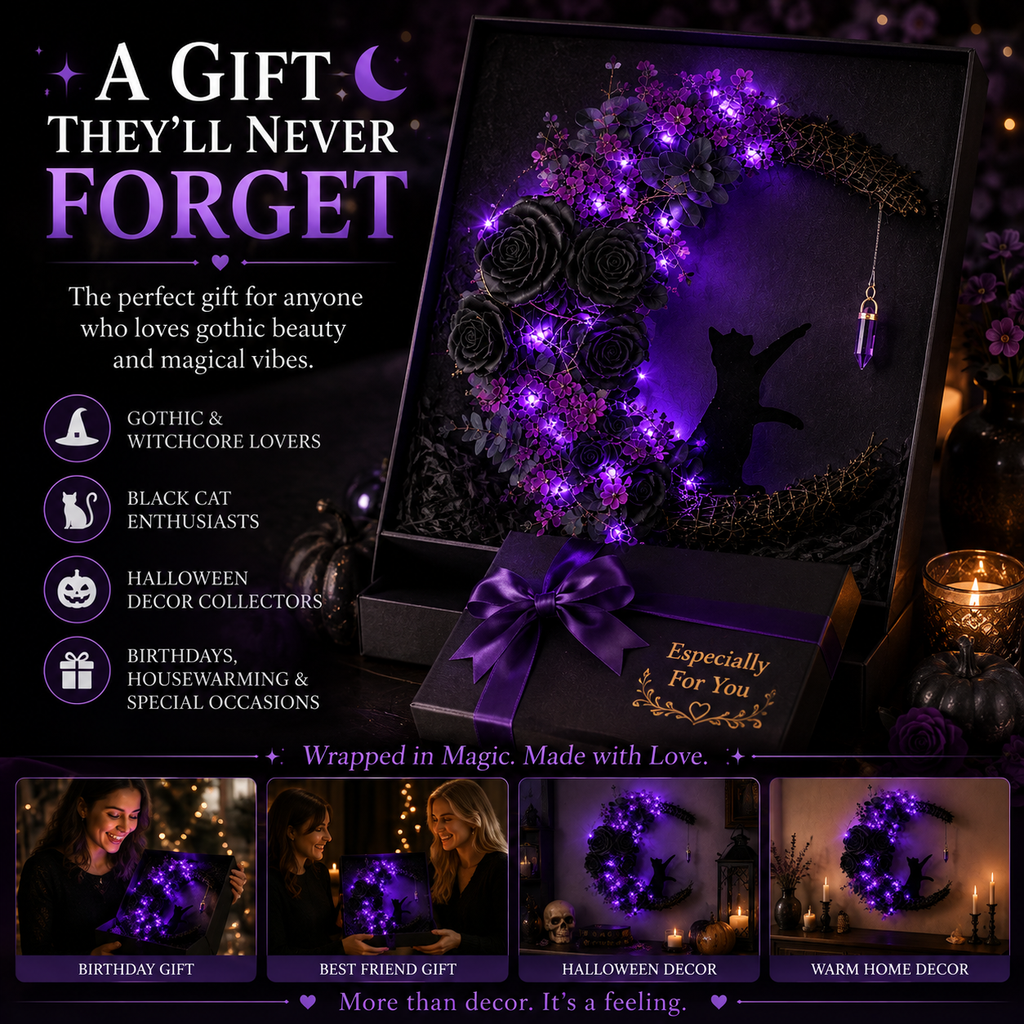 Cat Moon Wreath: Gothic Purple Halloween Decor with Amethyst Crystal
