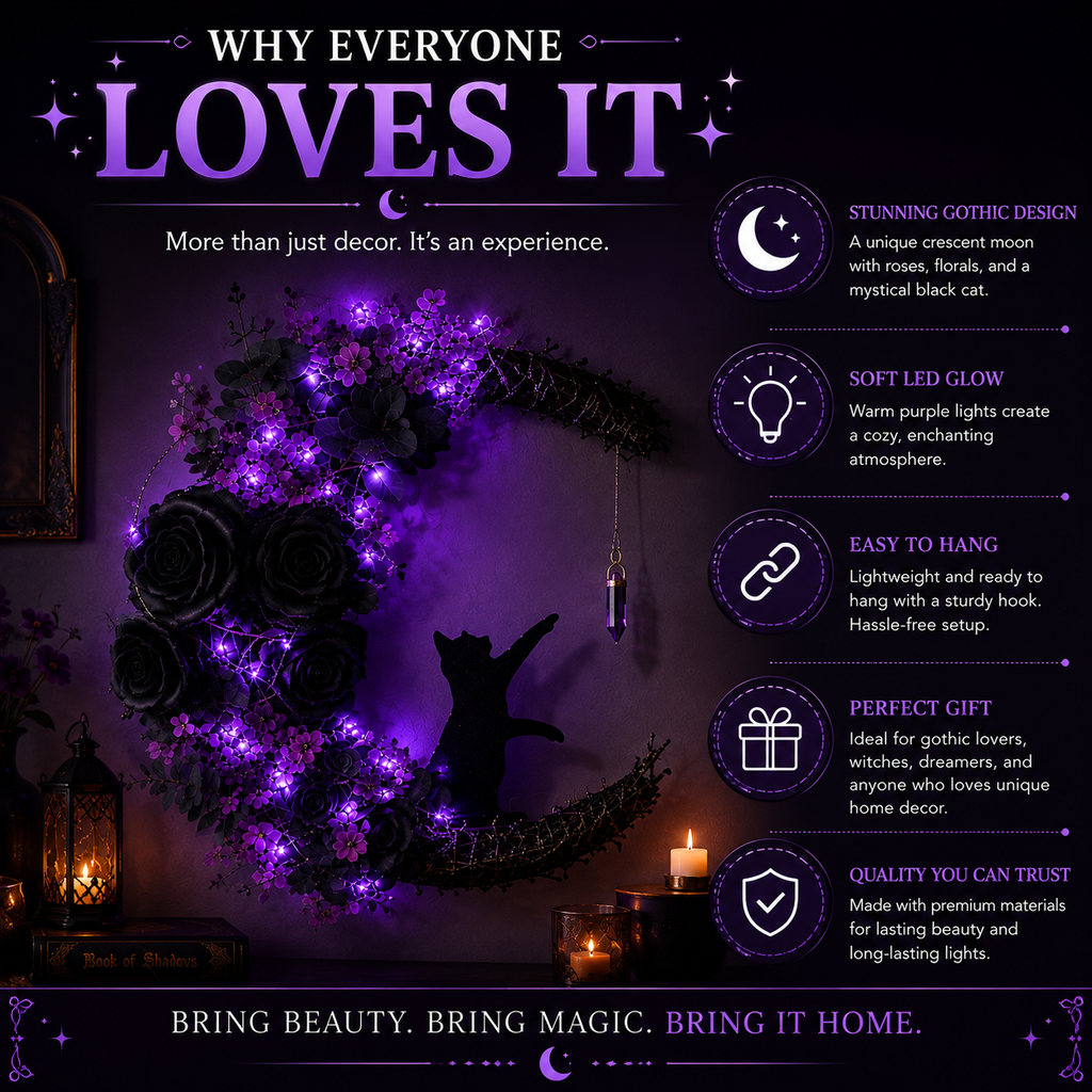 Cat Moon Wreath: Gothic Purple Halloween Decor with Amethyst Crystal