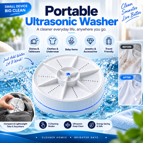 🫧 Portable Ultrasonic Mini Washer💦   – 3-Mode Cleaner for Clothes & Dishes 👕🍽️