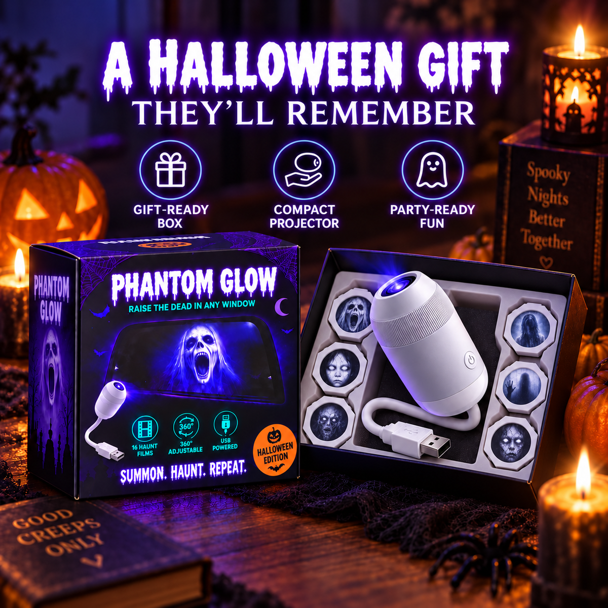 🎃 👻 Haunt Glow Halloween Window Projector-360° Adjustable Stand for Home Decor